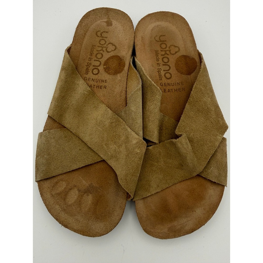 Yokono Tan Suede Crisscross Slide Sandals Made in Spain Genuine Leather 6.5 - Picture 4 of 7